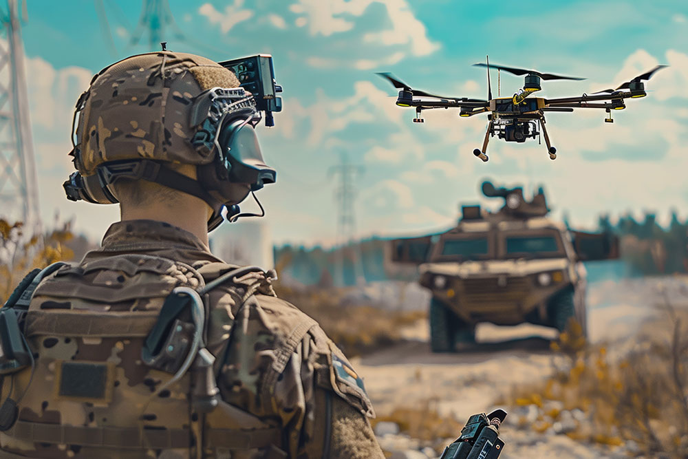 A soldier is watching a drone fly over a military vehicle