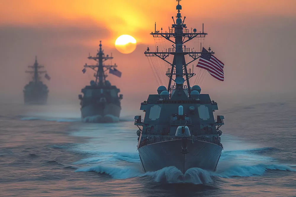 military warships with US flag at sea